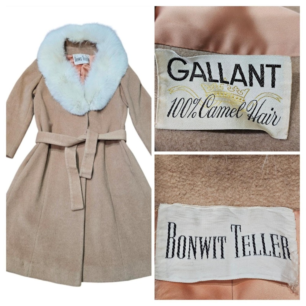 Vintage Bonwit Teller‎ Camel Hair Fur Trimmed Coat Women Large Tan Belted ILGWU
